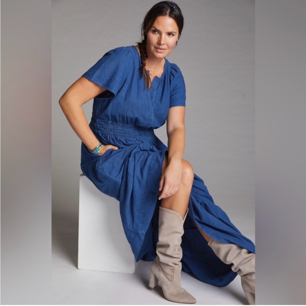 Maeve Anthropologie Somerset Chambray Ruffle Maxi Dress Size 3x